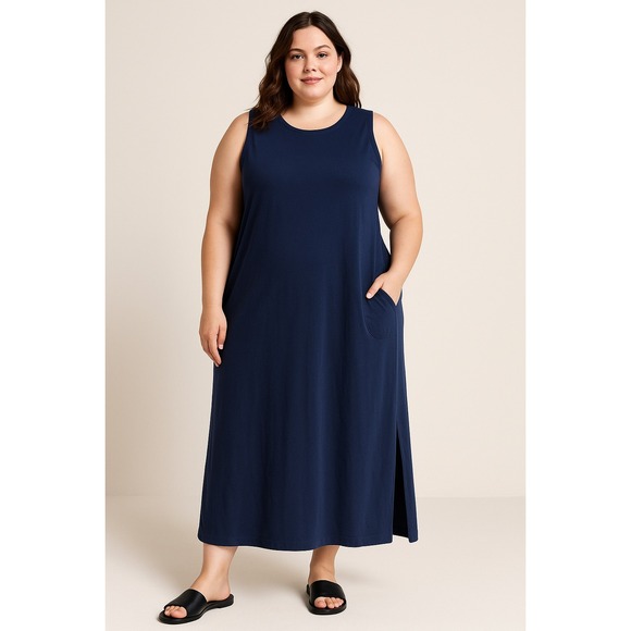 Lands' End 1X (16W-18W) Navy Blue Cotton Sleeveless Maxi Dress with Pockets - Picture 1 of 7